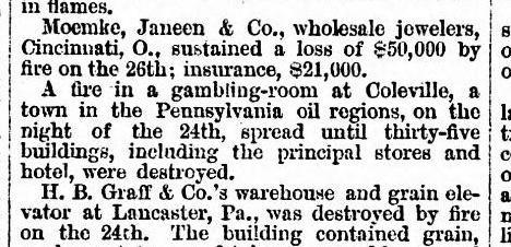 Fire in Coleville 24 Nov 1880 from Minn newspaper
